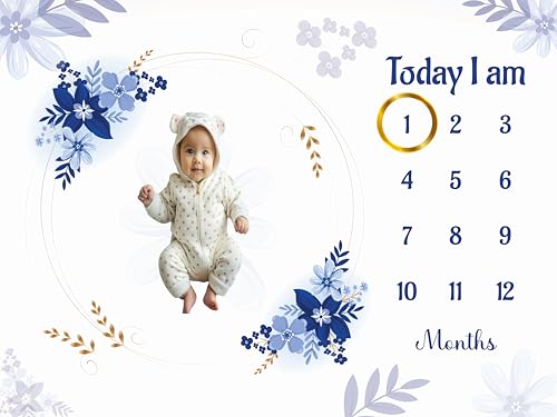 Image of Baby Monthly Milestone Blanket | 1-12 Months | Soft All-Season AC Blanket | Ideal for Newborn Boys & Girls | Perfect Growth Tracker & Photoshoot Prop with Blue Blossom | 120x90 cm