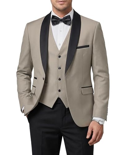 Hihawk Mens 3 Piece Tuxedo Set with Bow Tie, One Button Shawl Lapel Jacket Vest Pants, Slim Fit Suit Party Wedding Prom Tux, Beige Medium