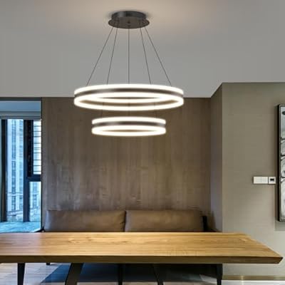 LED Modern Pendant Chandelier, 2 Ring Circular Black Ceiling Light Fixture, Dimmable 3000K-6500K, Adjustable Hanging Light Flush Mount Lamp for Dining Room, Kitchen Island, Living Room, Office