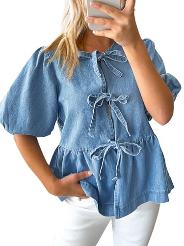 Tankaneo Womens Denim Tie Front Tops Babydoll Peplum Puff Sleeve Jean Shirts Crew Neck Summer Casual Bow Blouses
