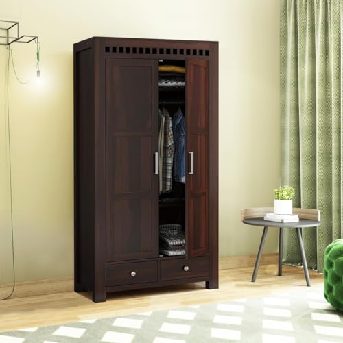 Image of Wooden 2 Door Wardrobe for Bedroom, Almirah with 2 Drawers & Multiple Shelves Storage, Solid Sheesham Wood, Walnut Finish