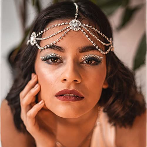 STONEFANS Boho Rhinestone Layered Bridal Head Chain Headpiece Crystal Forehead Drop Wedding Headband Hair Accessories for Bridal and Girlsï¼ˆSilverï¼‰