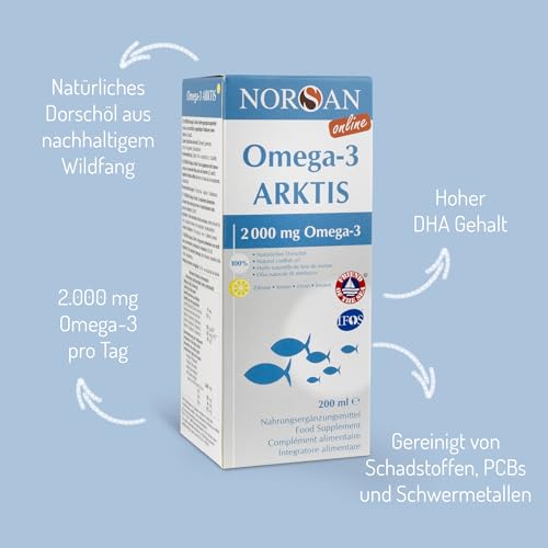 NORSAN Premium Omega-3 Arktis Dorschöl hochdosiert 2x 200 ml - 2.000 mg Omega-3 pro Portion mit Zitronengeschmack - Fischöl mit EPA & DHA - Premium Öl 800 IE Vitamin D3