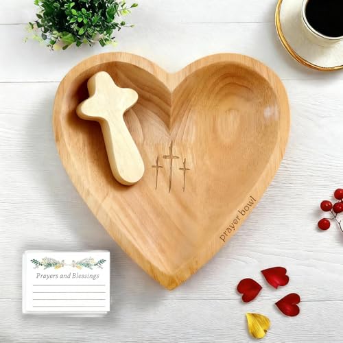 Wooden Prayer Bowl with 24 Cards & Pine Cross Heart Shaped Christian Premium Solid Heart Container Love Bowl for Home Decor Religious Christmas Men Women Gifts (300g)