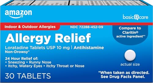 Image of Amazon Basic Care Allergy Relief Loratadine Tablets 10 mg, 24-Hour Non-Drowsy Antihistamine for Sneezing, Runny Nose, Itchy Eyes, Hay Fever, 30 Count