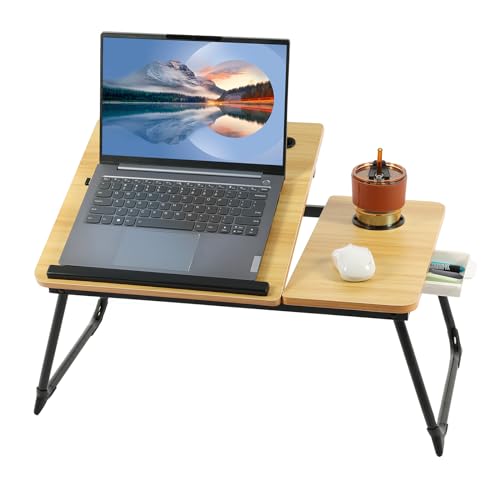 EDWINENE Laptop Desk, Laptop Bed Table with Adjustable Height &Cupslot, Laptop stand with Drawers, Foldable Laptop Tray for Bed Sofa Writing, Reading, Working (Walnut)