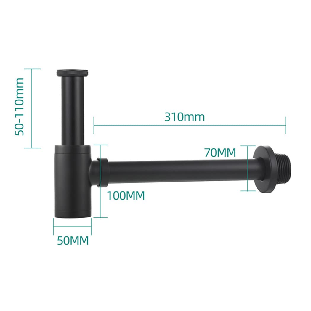WRIST Sifone Tondo in Ottone per Bottiglia P, Kit Tubo Di Scarico Sifone per Lavello del Bacino Regolabile in Altezza, Kit Sifone P per Scarico Della Vasca Da 1/4,Negro