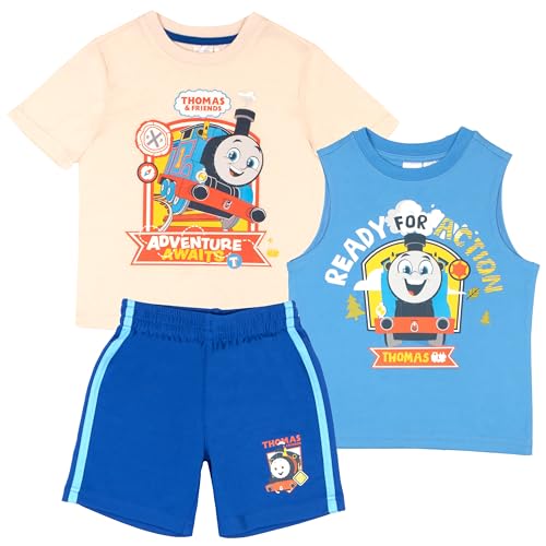 Image of THOMAS & FRIENDS 3 Piece Short Set Thomas and Friends Short Sleeve Shirt Tank Top Shirt and Shorts 3 Pack Bundle Set