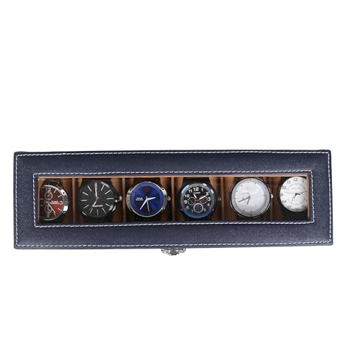 Image of LEDO Watch Box Organizer Case with 6 Slots, Transparent Display, PU Leather Exterior, Blue & Cream Velvet Interior, Metal Clasp Lock, Rectangular Storage Case for Men