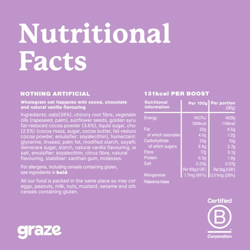 Graze Cocoa Vanilla Oat Flapjacks, Vegetarian Healthy Snacks, High in Fibre, 3 Bars per Punnet, Whole Oats & Natural Flavours - Packaging may vary - (9 x 50g Snacks)