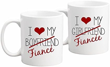 Fiance Coffee Mug or Tea Mug Set - 11 Ounce White Ceramic - Set of 2 - Engagement Gift - Wedding, Anniversary - His & Hers, Engaged - Christmas Gift.