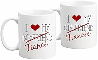 Fiance Coffee Mug or Tea Mug Set - 11 Ounce White Ceramic - Set of 2 - Engagement Gift - Wedding, Anniversary - His & Hers, Engaged - Christmas Gift.