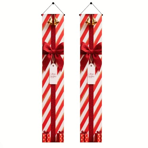 BlissYard Red White Christmas Porch Decorations 12x71 Inch Welcome Hanging Banner Porch Signs for Holiday Decor Gift Box Door Banners for Christmas Winter Home Porch Outdoor Decoration for Front Door