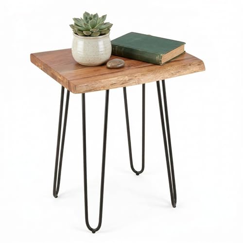 Alaterre Furniture Live Edge Wood End Table with Hairpin Metal Legs – Mid Century Modern Living Room Table with Acacia Wood Top (20 Inch)
