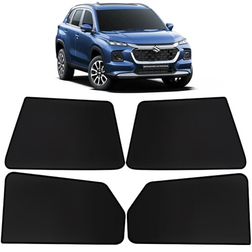 Image of OTO2EYE Car Sun Shade Compatible for Maruti Suzuki Grand Vitara Model 2022 to 2025, Z-Black Fix Type Side Window Curtains, Only Half Cut in Front Window, 6 Pieces Set