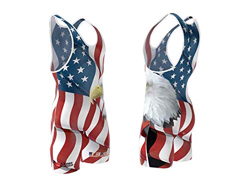4 Time Sublimated Wrestling Singlet for Men and Youth, Powerlifting, MMA Wrestling Ring Gear/Apparel, Black, Navy Blue, Red (Sizes: 3XS-3XL) (L 156-190 lbs., USA White)