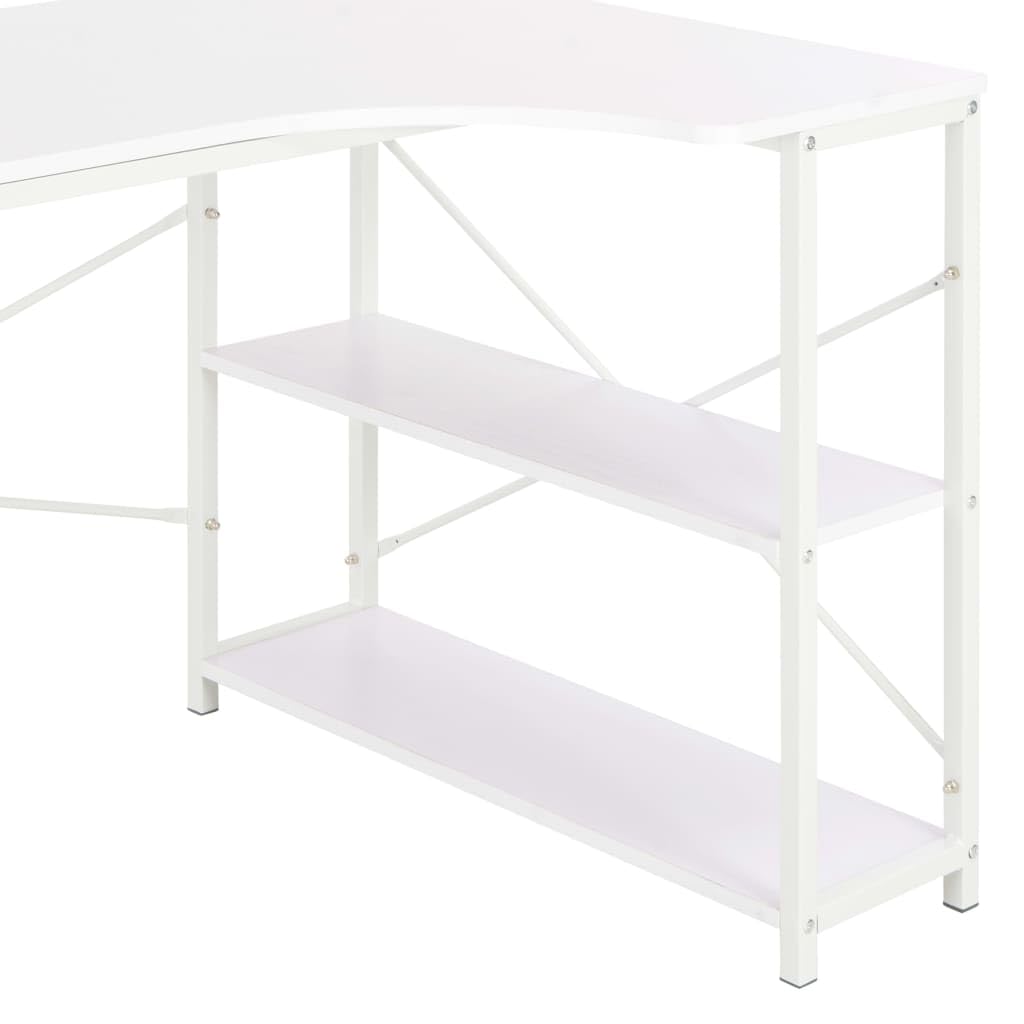 Biurko komputerowe białe 120 x 72 x 70 cm z 2 półkami, materiał drewnopochodny i malowany proszkowo metal, stabilny stół biurowy do domowego biura, gabinetu i biura