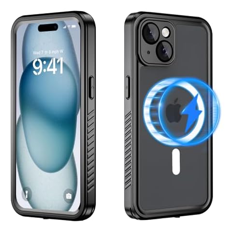 SZFIRSTEY for iPhone 15 Case Waterproof Magnetic with Built-in Screen Protector,Compatible with MagSafe Shockproof Dustproof Heavy Duty Full Body Protective Cover 6.1 Inch Black Cover