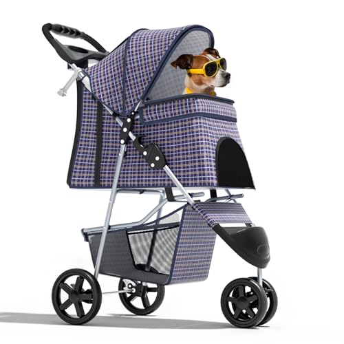Image of Magshion 3-Wheel Pet Stroller, Foldable Travel Jogger for Small & Medium Dogs & Cats (Up to 33lbs), Lightweight Carrier with Breathable Mesh Cover, Cup Holder & Storage Basket, Plaid