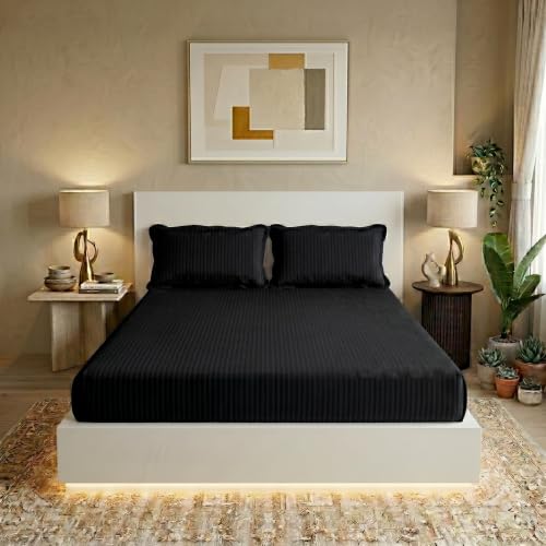 Image of Filymore Double Bed Bedsheet with 2 Pillow Covers, 300 TC Soft Microfiber Satin Striped Bedsheet, Black Striped Bedcover for Double Bed, Breathable & Comfortable Bedding Set (90x90 Inches)