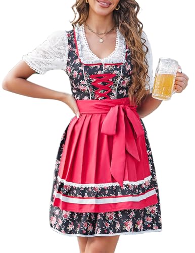 Zeagoo Dirndl Damen Trachten Midi Dirndl Exklusiver Spitzen Trachtenkleid Oktoberfest Bierfest Kleider Klassisches Dirndl XS-XXL