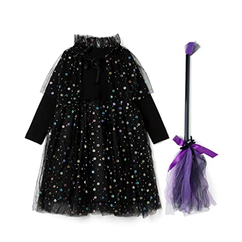 Ozkiz 'Pop Witch' Long Sleeve Halloween Party Tulle Dress(Broom Set) Costume For Girls Toddler, Black_US Size 4T