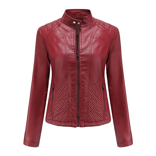Veste d'automne simili cuir femme vintage motard slim rouge bordeaux taille S