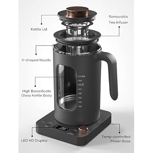 Electric Tea Kettle, INTASTING Glass Electric Kettle with tea Infuser and Precise knob temperature control, 1200W Fast Heating, BPA-Free, Easy to Clean, for Tea and coffee, Dark Grey Electric Tea Kettle INTASTING Glass Electric Kettle with tea Infuser and Precise knob temperature control 1200W Fast Heating BPA Free Easy to Clean for Tea and coffee Dark Grey