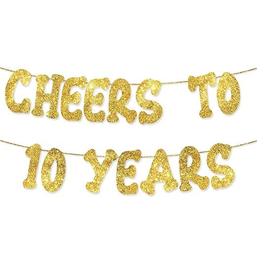 Cheers to 10 Years Banner | 10th Birthday Party Golden Glitter Banner | Party Decorations and Supplies | Wedding Anniversary Decorations | Pre-Strung-image-7