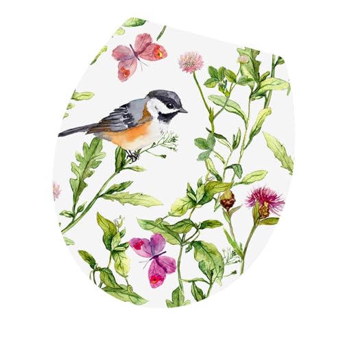 AMSLSIU Pegatinas extraíbles para inodoros con diseño de ramo, decoración de pared colorida, elegante calcomanía para tapa inodoro, pegatinas únicas con pájaros y flores, para asiento