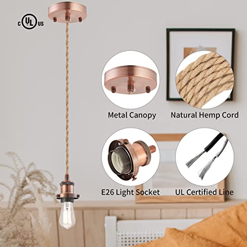 Image of Industrial Mini Pendant Light Kit, E26 Socket Pendant Hanging Light, Hemp Rope Vintage Hanging Pendant Light Cord, Adjustable Pendant Lights Ceiling Mount Kitchen Island Farmhouse