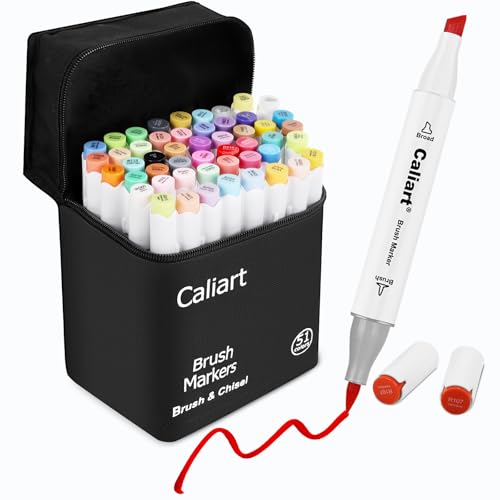 Caliart Alcohol Markers Brush Tip, 51 Colors Dual Tip...