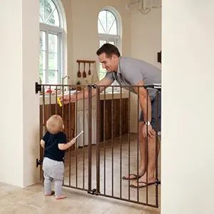Babelio 34" Extra Tall Baby/Dog Gate with No Threshold Design Walk Thru Door, 26-43" Auto Close Safety Gate for Babies, Elders and Pets, Fits Doorways, Stairs, and Entryways, Black Wood Pattern