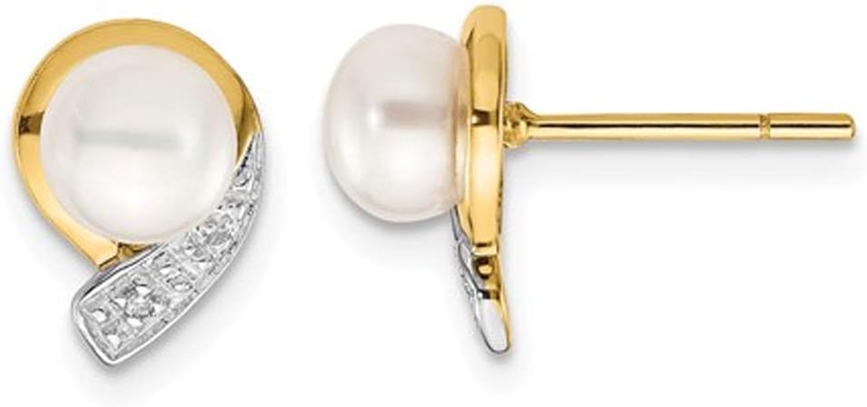 14K Yellow Gold Freshwater Cultured White Pearl 5-6mm Post Earrings with Accent Diamonds
