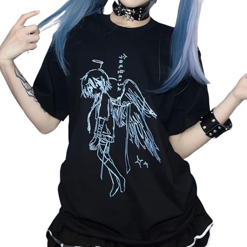 RILGOU Harajuku Goth Kawaii Clothes Casual Style Soft Crewneck Vintage Cartoon Sketch Fallen Angel Print T-Shirt M Black