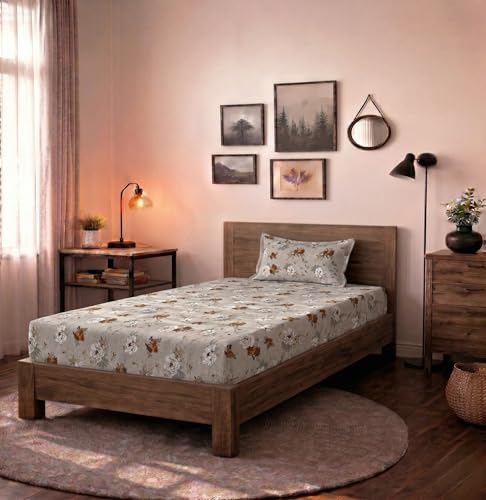 Image of HOMEKART (110 TC & 110 GSM 100% Cotton Feel Bedsheet for Single Bed with One King Size Pillow Covers Soft /Breathable Wrinkel Free -60x90 Inches - (White & Brown)