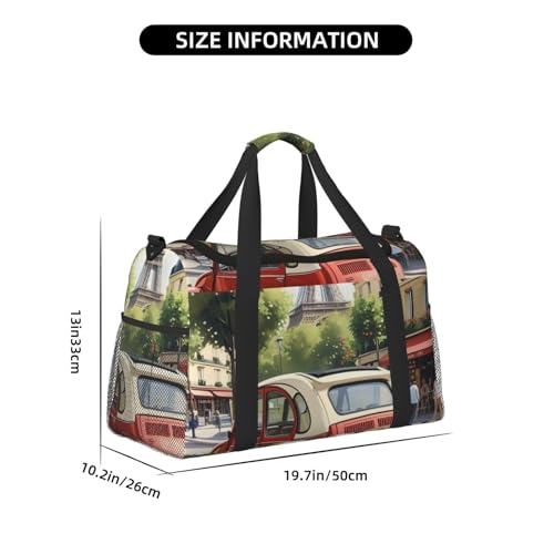 Paris Postcard Print Travel Duffle Bag - Foldable Personal Item Travel Bag for Women & Men,Carry-On Convertible Crossbody Tote Bags with Adjustable Shoulder Strap & Pockets 13x10.2x19.7 in4