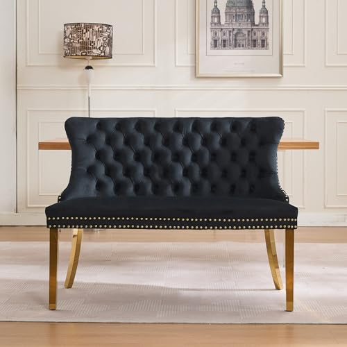 Image of 45.6''Velvet Dining Bench, Button Tufted Upholstered Dining Table Bench with Wing Highback, Nailhead Decoration, Small Loveseat Sofa with Gold-Plated Steel Legs, Mid Century Modern Seating, Black