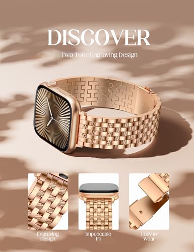 Image of W-RARA Compatible with Apple Watch Band 38 /40 /41 /42 /44 /45 /46 /49mm Women Men, Dressy Stainless Steel Seven-link Horizontal Texture Metal Strap for iWatch Series 11 10 9 8 7 6 5 4 SE Ultra 3 2 1