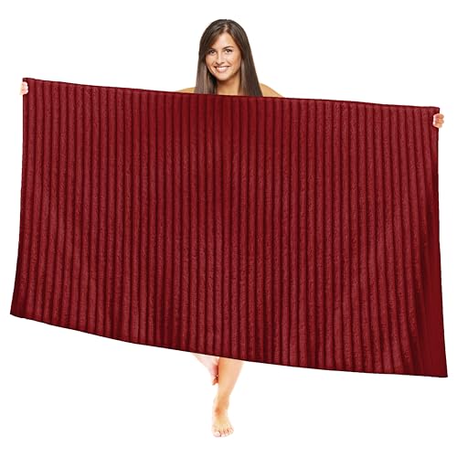 Image of Elegant Comfort 100% Turkish Cotton Corduroy Ribbed Luxury Jumbo Bath Towel Ultra Soft - 35 x 70 Inch - Luxury Spa Premium Hotel Quality Highly Absorbent and Quick Dry Large Bath Towel, Burgundy