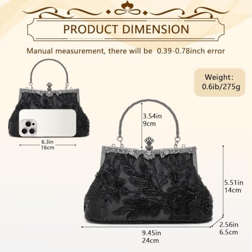 Image of 1920s Clutch Purses for Women, Embroidery Sequin Rhinestone Evening Bag | Top handle and removable shoulder chain, lightweight sequin floral design. Ideal for weddings, galas and formal events