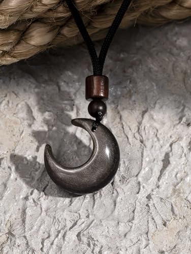 MINACHI Gothic Obsidian Crescent Moon Pendant Necklace with Braided Cord, Goth Celestial Jewelry Gift for Men and womens3