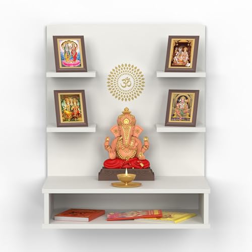 Image of BLUEWUD Dhruv Wall Mount Wooden Mandir for Home, Temple for Home, Pooja Stand with Storage Shelves for Idold & Frames, Compact Mandir Temple Unit for Shops & Office (White)