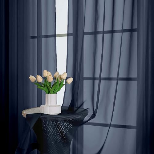 Image of Chyhomenyc Navy Blue Sheer Curtains 96 Inches Long 2 Panels, Light Filtering Navy Blue Curtains for Living Room, Soft Gentle Voile Rod Pocket Bedroom Window Drapes, 59Wx96L Inch, 2PCS