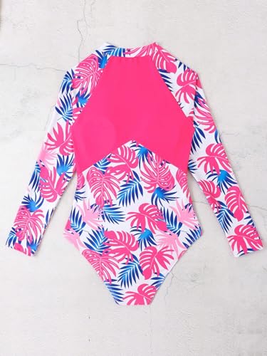 Image of WDIRARA Girl's Tropical Print Zipper Front One Piece Swimsuit High Neck Long Sleeve Swimwear