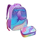 Mochila Escolar Infantil Sereia Holográfica com Estojo, Tema Sereia, Alças Ajustáveis Acolchoadas, Poliéster, Roxa e Azul, 2 Peças