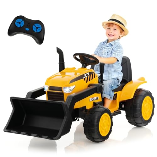 OLAKIDS Kids Ride on Car, 12V Electric Excavator Vehicle Construction Truck with Remote Control, Adjustable Bucket, Toddlers Battery Powered Bulldozer Tractor with 2 Speeds, Music, Citrine