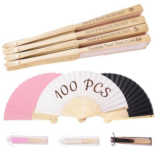 HJX 100Pcs Personalized Wedding Fans for Guests Custom Engraved Silk Folding Hand Fans for Line Dancing Bulk Party Favors