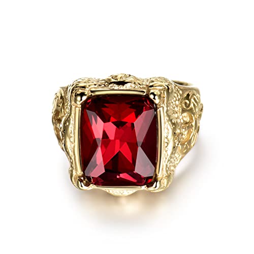 MASOP Luxury Gold Tone Engraved Mens Stainless Steel Rings with Red Ruby Garnet Color Stone Size 8-122
