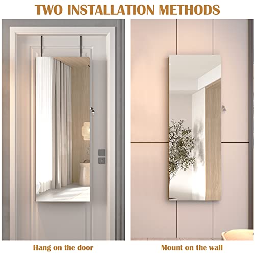 Image of Vlsrka Mirror Jewelry Cabinet with 3 LED Lights, Wall /Door Mounted Jewelry Armoire Organizer with Full Length Mirror Large Capacity Storage Hanging Cabinet, Built-in Lighted & Movable Makeup Mirror